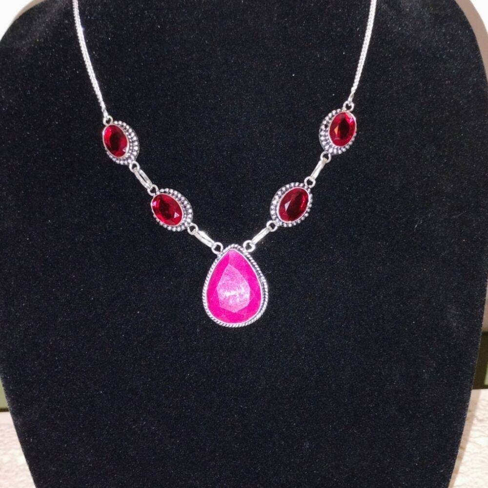 Pink Gemstone Necklace Ruby Colored Stone And Gar… - image 1